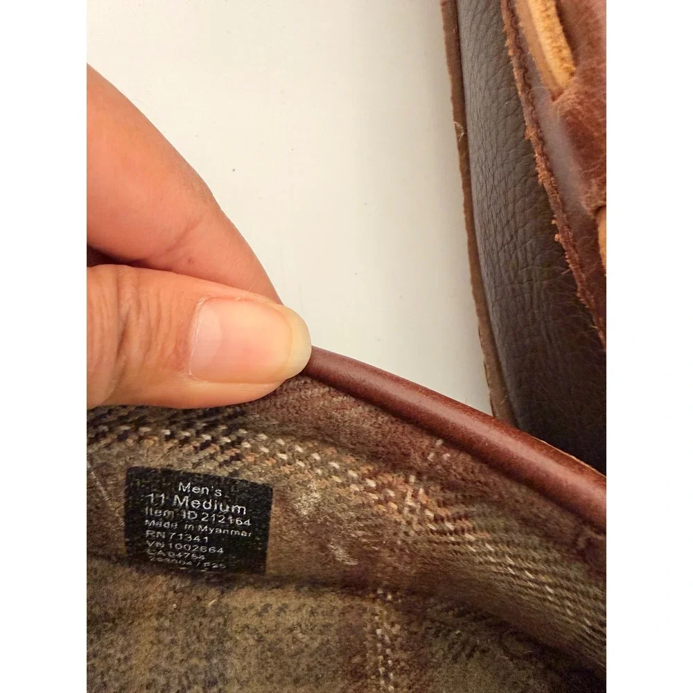 LL Bean Mens Wicked Good Moccasins Brown Leather Flannel Plaid Slippers 11 M